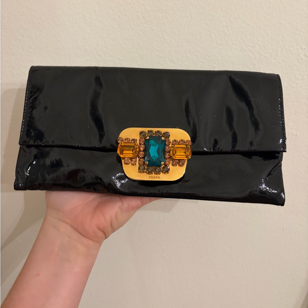 Prada Black Patent Clutch with Teal and Amber Gem Detail